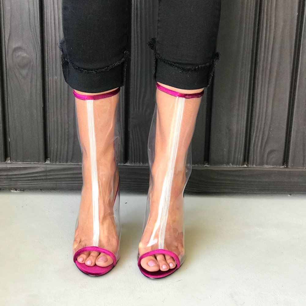 NIB Burgundy Red Clear Peep Toe Boots - Picture 8 of 8